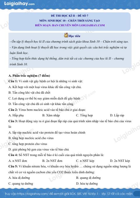 Đề thi học kì 2 Sinh 10 Chân trời sáng tạo - Đề số 7